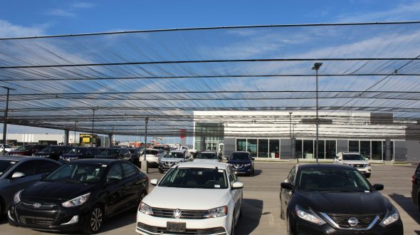 Cars parked under a large hail canopy at a car dealership