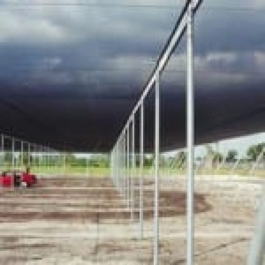 A large open-sided structure with a dark overhead canopy supported by metal poles