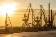 Cranes silhouetted against a sunset with a mesh fence in the foreground