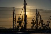 Cranes silhouetted against a sunset, with a mesh fence in the foreground